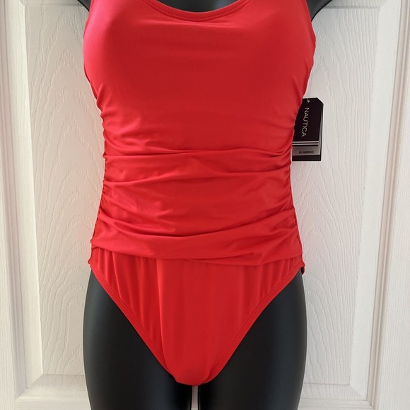 NAUTICA Slimming Swim Suit One Piece Scoop Neck Ruched Back Straps Red Womens S - Picture 2 of 12